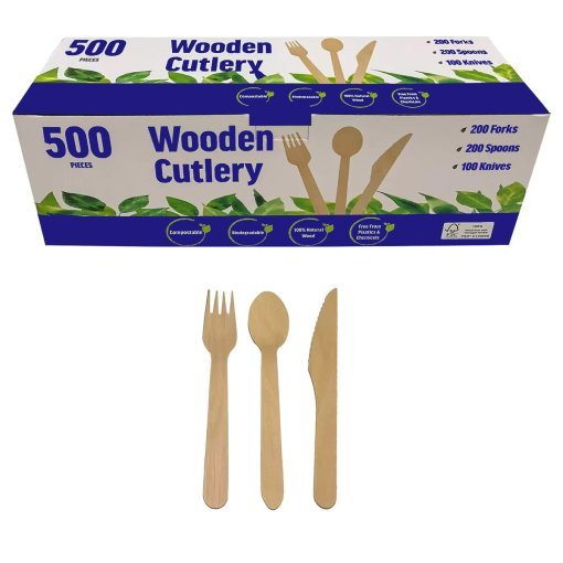 Heavy Duty 500pc Wooden Cutlery - Spoons - Forks - Knives